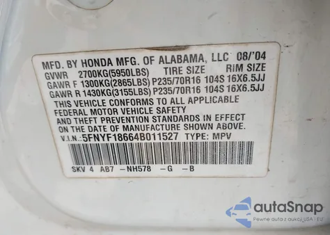 2004 Honda Pilot Ex-L z USA, uszkodzony, nr VIN 5FNYF18664B011527